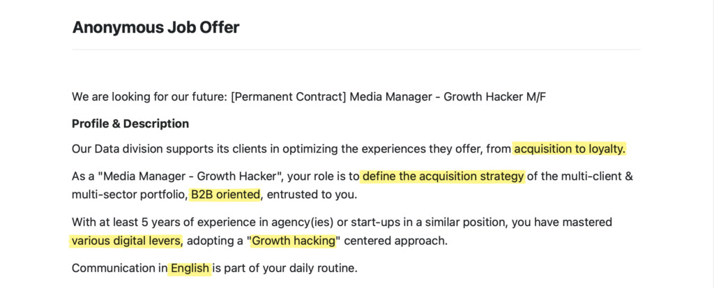 Marketing job offer example