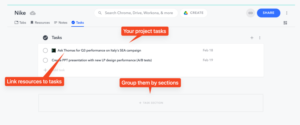 Organize work and use project tasks in Workona