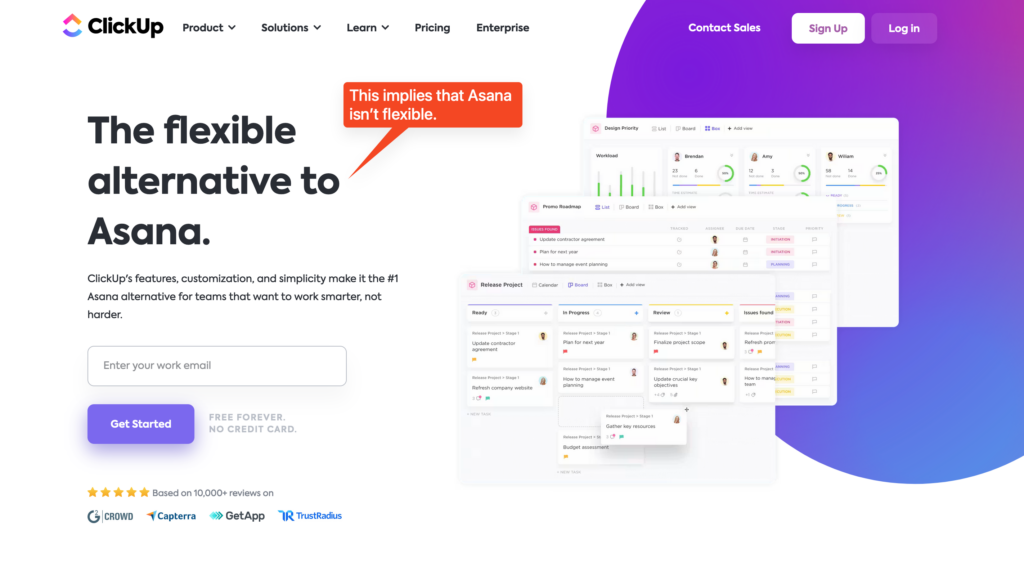 Clickup competitor asana landing page